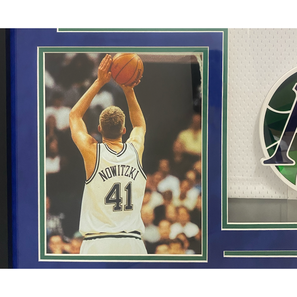 Dirk Nowitzki Autographed Dallas Mavericks Throwback M&N 34" x 42" Framed White Jersey Panini
