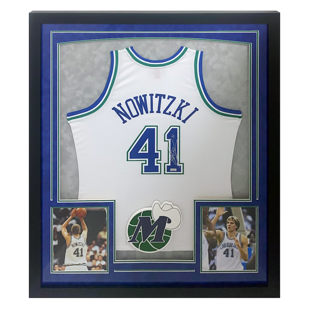 Dirk Nowitzki Autographed Dallas Mavericks Throwback M&N 34" x 42" Framed White Jersey Panini