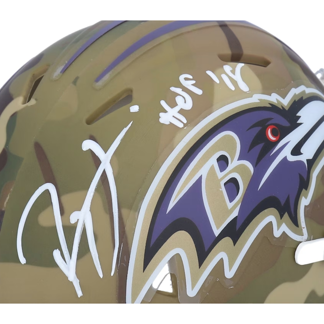 RAY LEWIS Autographed "HOF '18" Baltimore Ravens Camo Mini Speed Helmet FANATICS