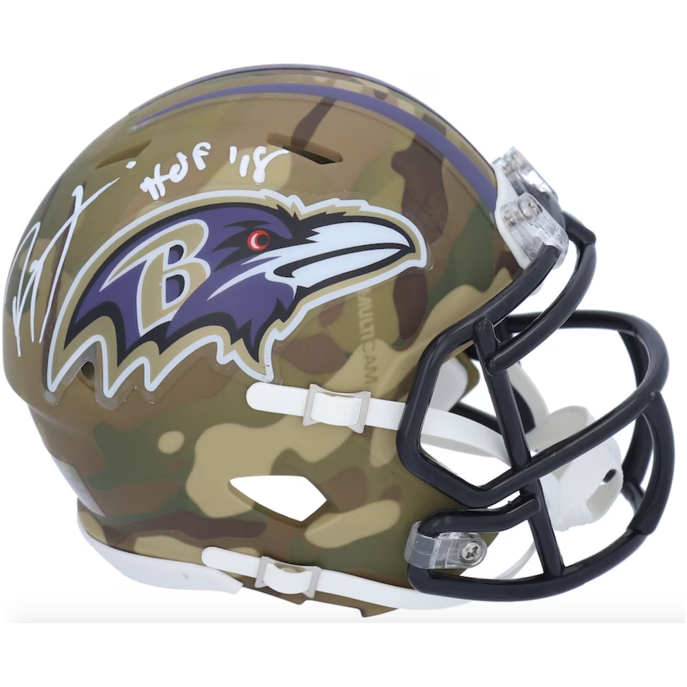 RAY LEWIS Autographed "HOF '18" Baltimore Ravens Camo Mini Speed Helmet FANATICS