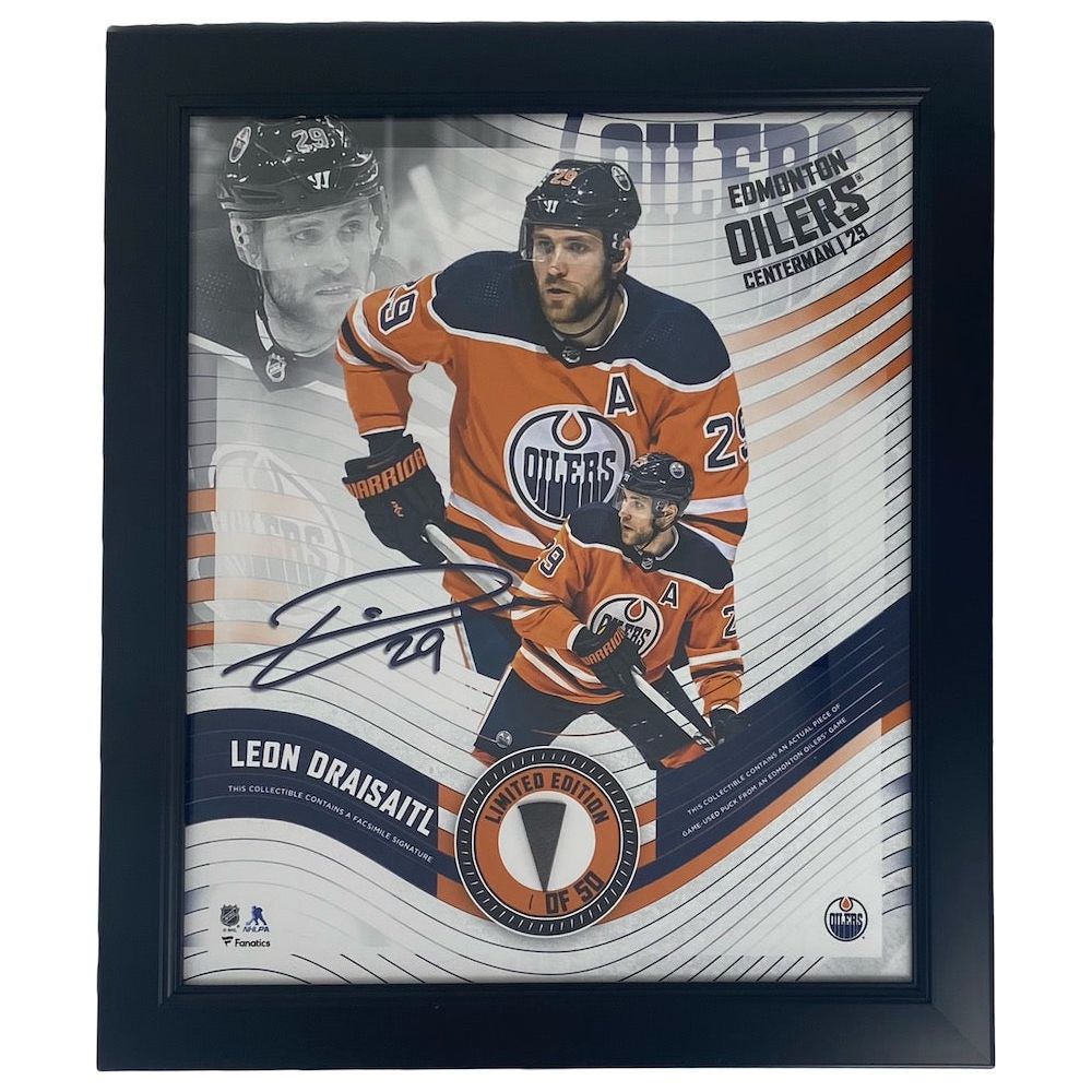 LEON DRAISAITL Edmonton Oilers Framed 15" x 17" Game Used Puck Collage LE 1/50