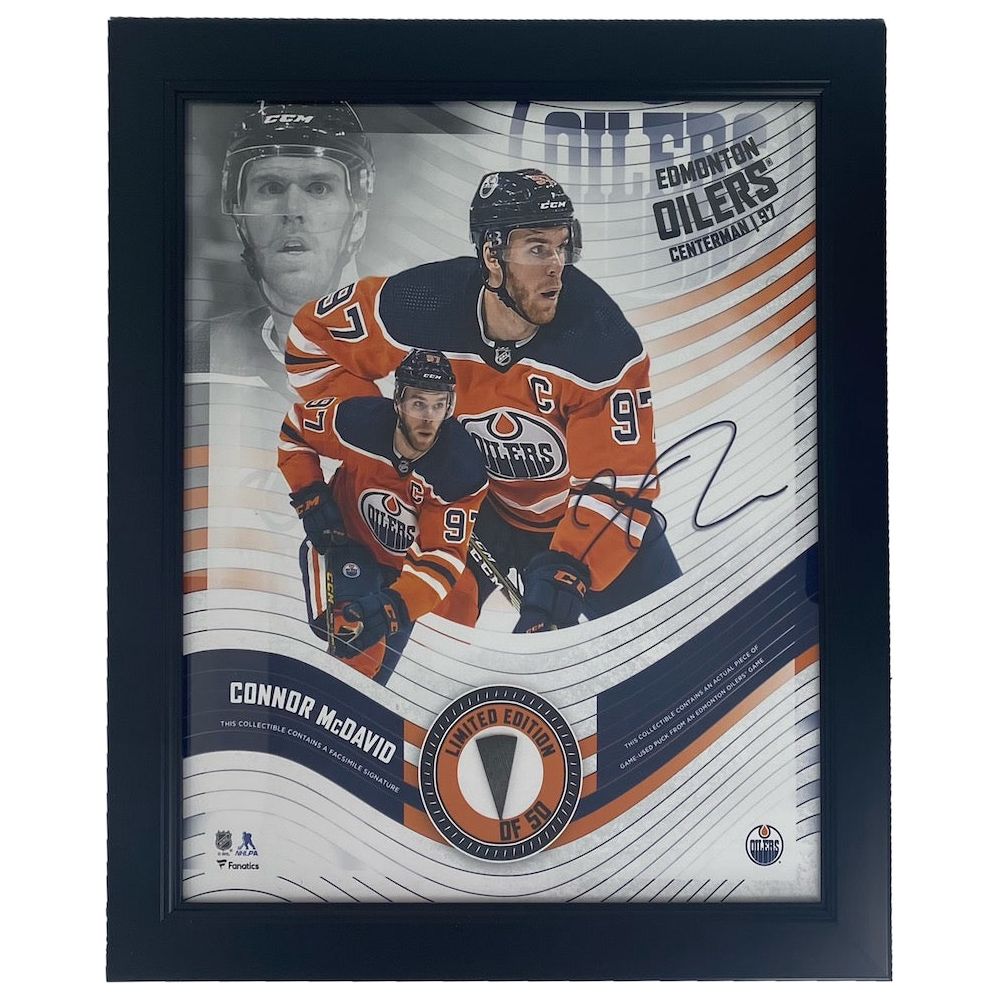 CONNOR McDAVID Edmonton Oilers Framed 15" x 17" Game Used Puck Collage LE 50