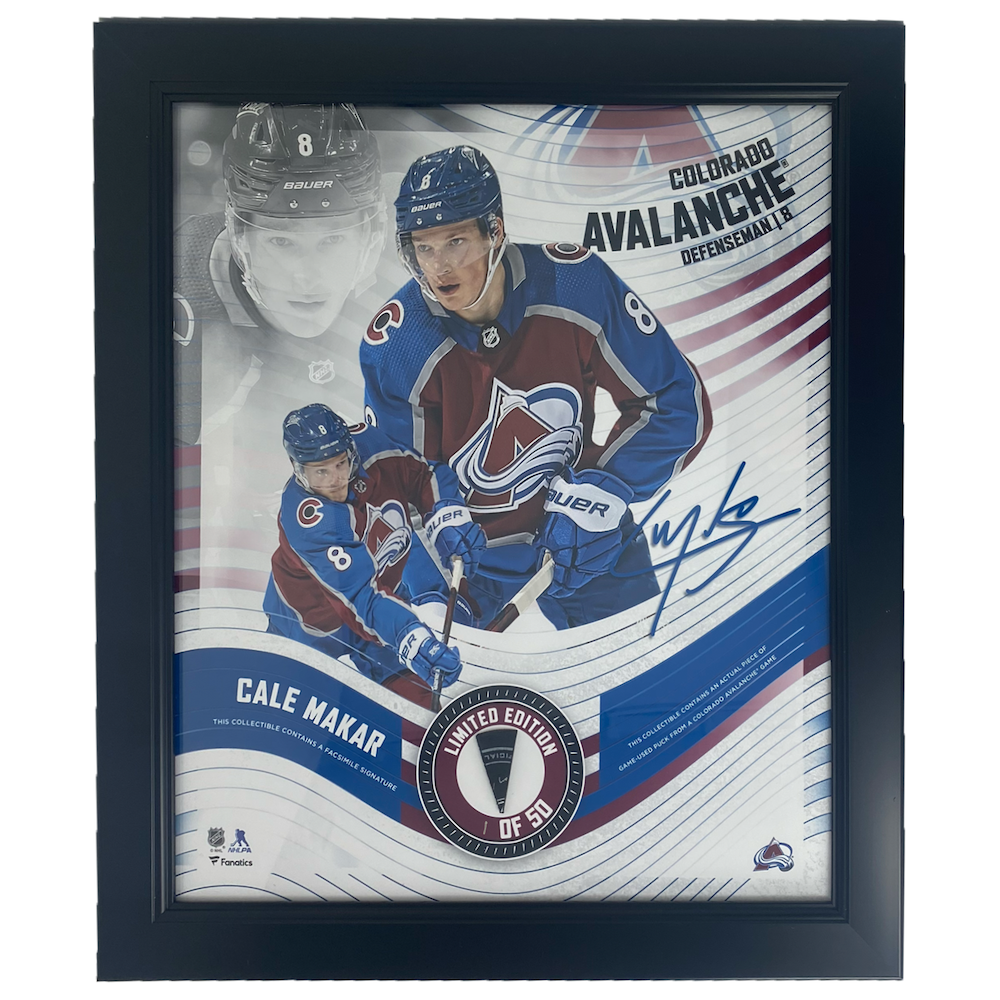 CALE MAKAR Colorado Avalanche Framed 15" x 17" Game Used Puck Collage LE 1/50