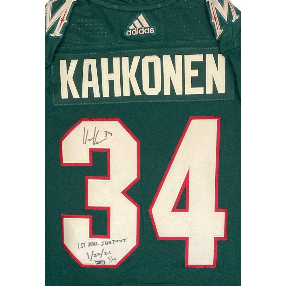 KAAPO KAHKONEN Autographed Minnesota Wild "1st NHL Shutout 1/22/21" Jersey FANATICS LE 34