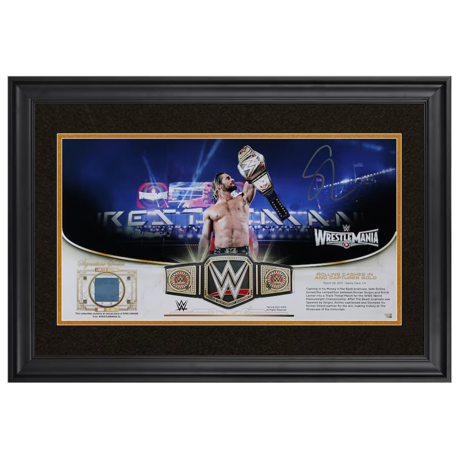 Seth Rollins Autographed WWE Match Used Canvas Framed 10" x 18" Display Fanatics