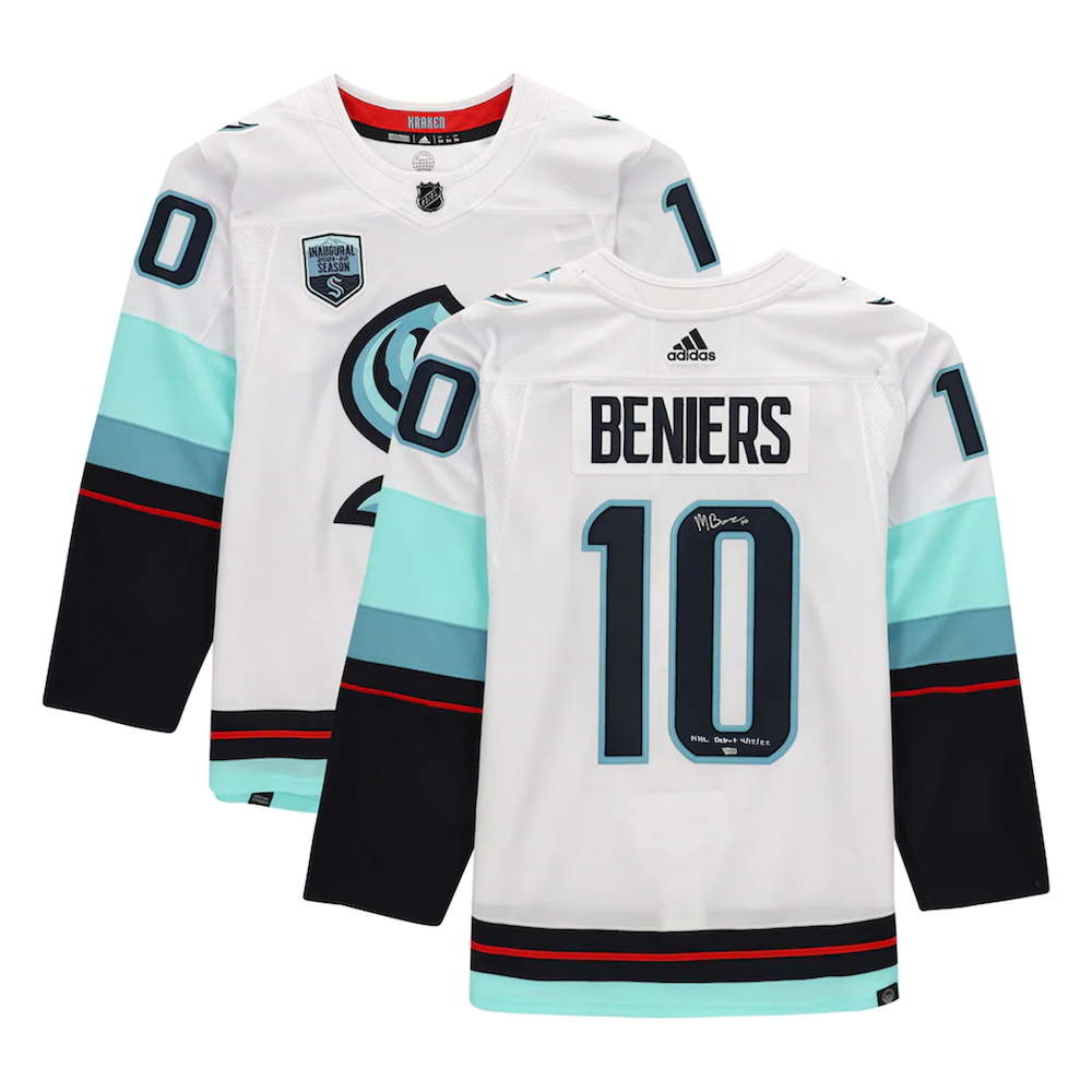 MATT BENIERS Autographed Seattle Kraken "NHL Debut 4/12/22" Authentic White Jersey FANATICS