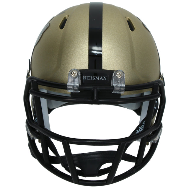 Travis Hunter Autographed Gold Heisman Trophy Logo Speed Mini Helmet Beckett