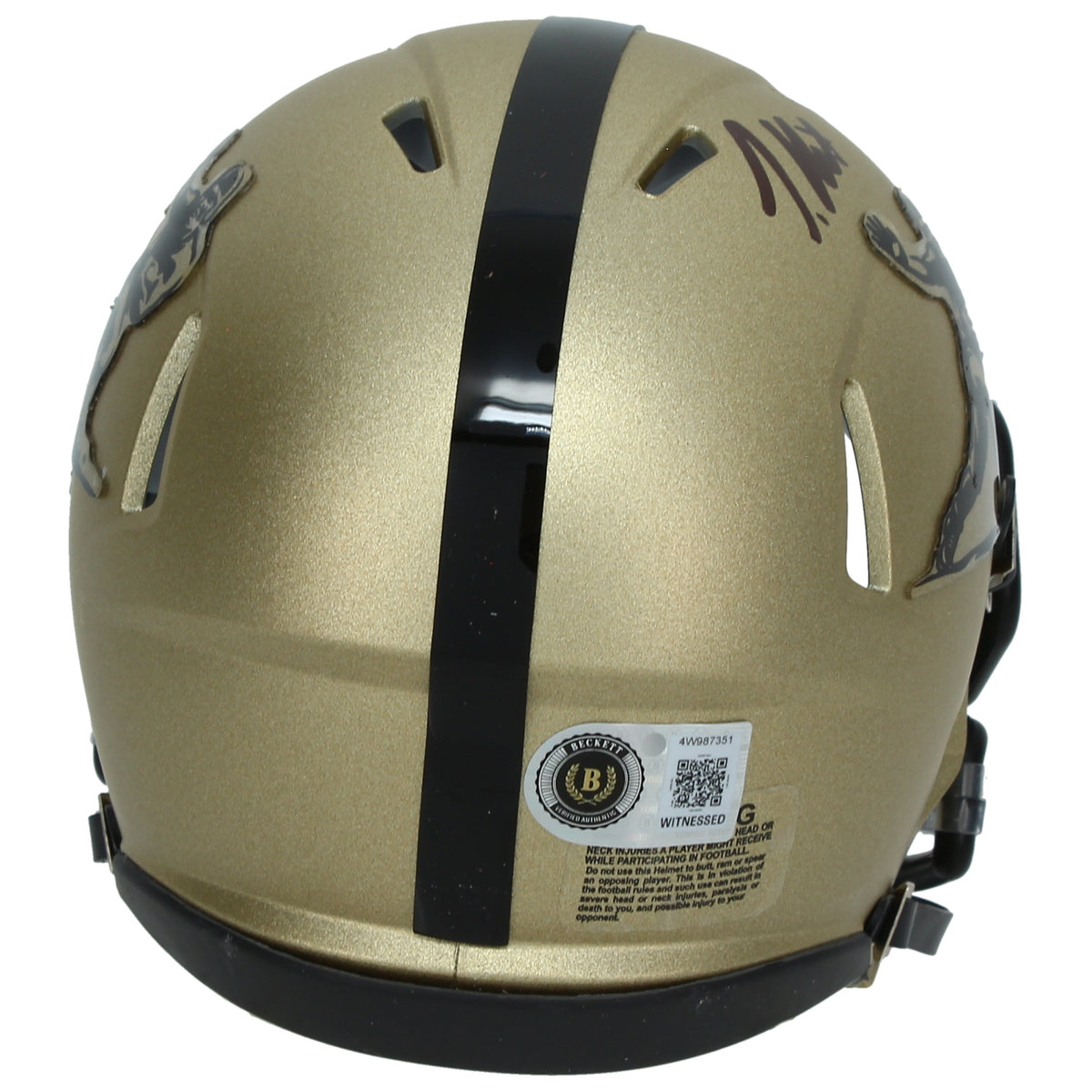 Travis Hunter Autographed Gold Heisman Trophy Logo Speed Mini Helmet Beckett