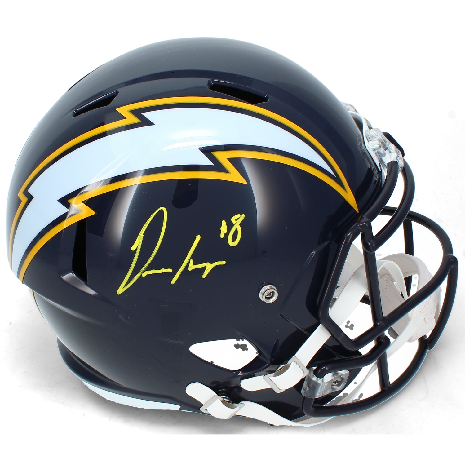 Omarion Hampton Autographed (in Yellow) Los Angeles Chargers Navy 2025 Alternate Speed Full Size Helmet Beckett