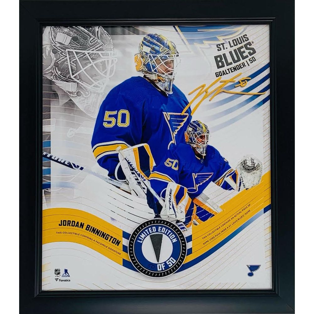 JORDAN BINNINGTON St. Louis Blues Framed 15 x 17 Game Used Puck Collage LE 50/50