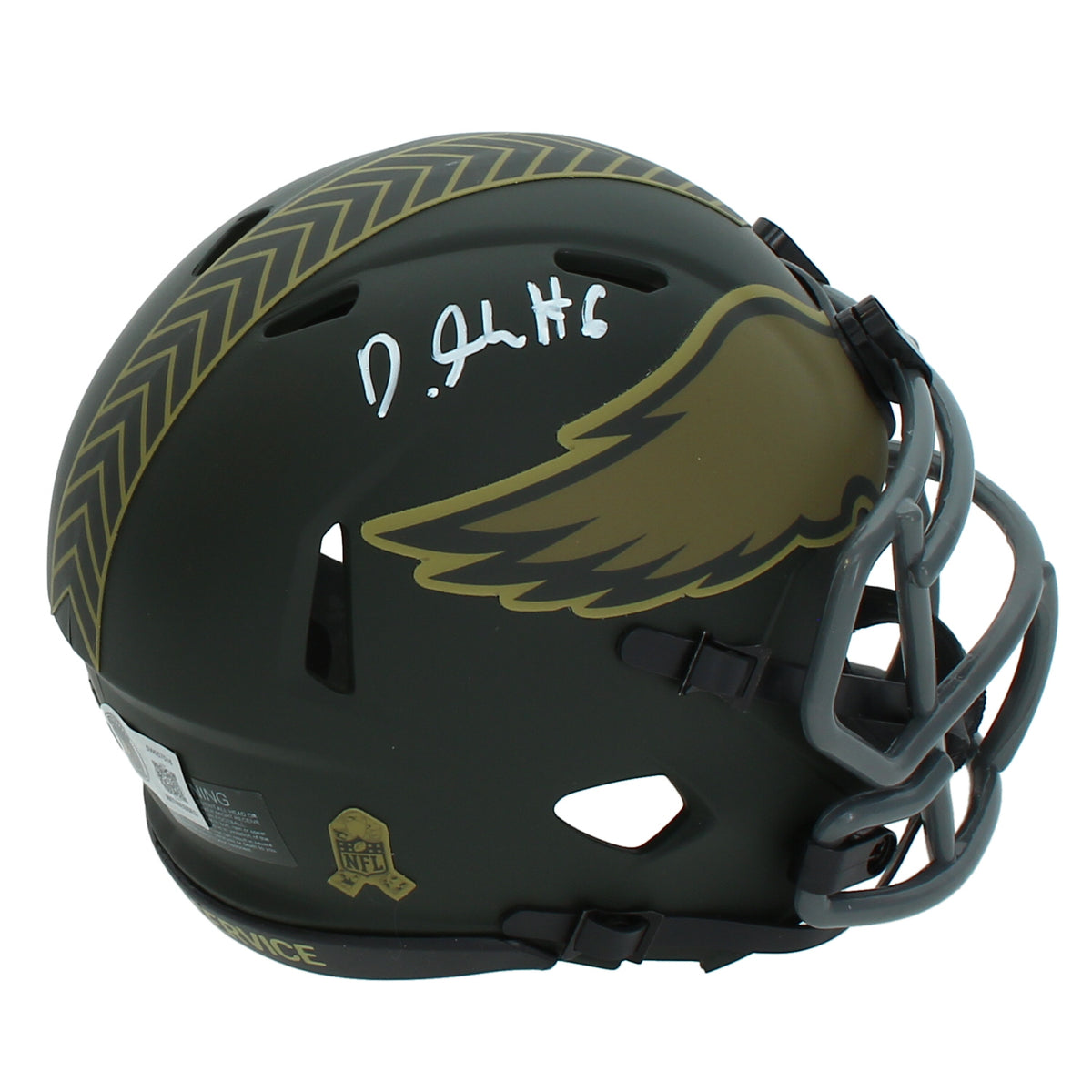 DeVonta Smith Autographed Philadelphia Eagles 2025 Salute to Service Speed Mini Helmet Beckett