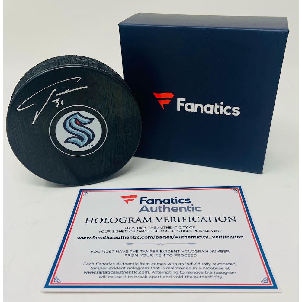 PHILIPP GRUBAUER Autographed Seattle Kraken Logo Puck FANATICS