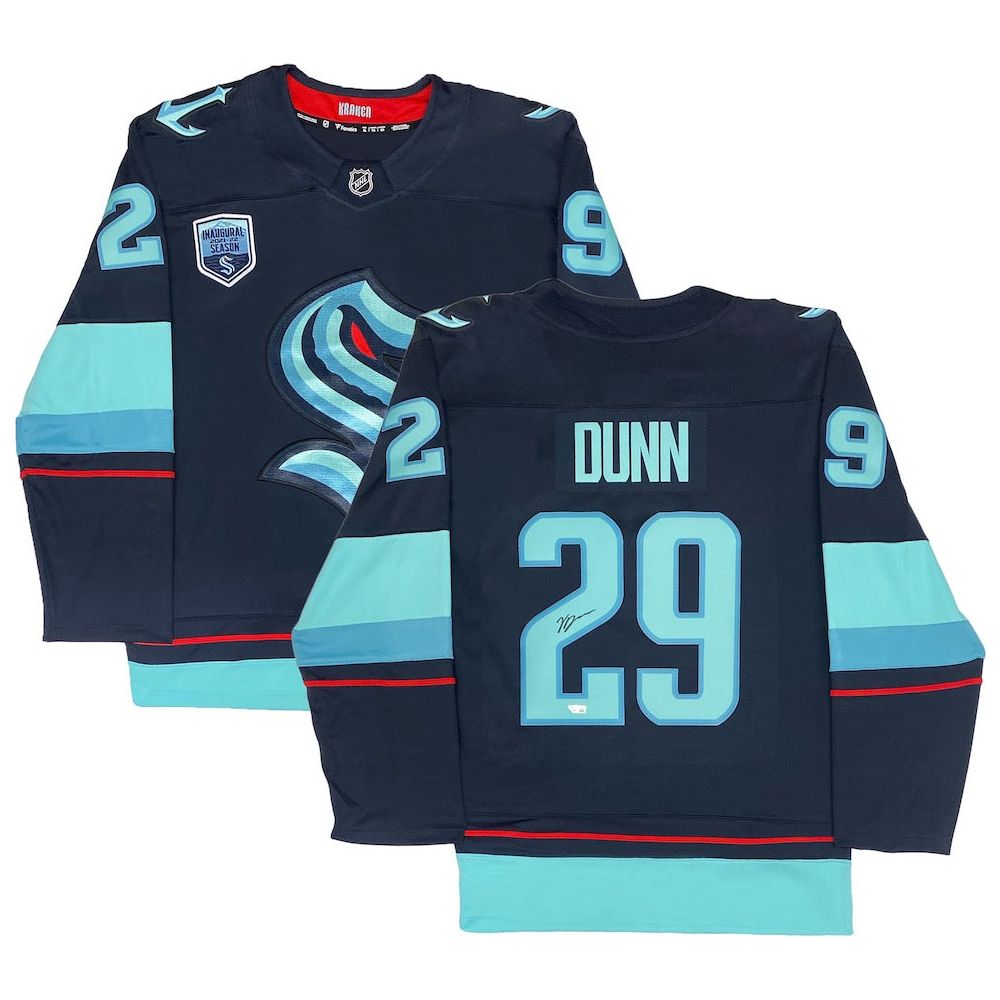 VINCE DUNN Autographed Seattle Kraken Navy Inaugural Patch Jersey FANATICS