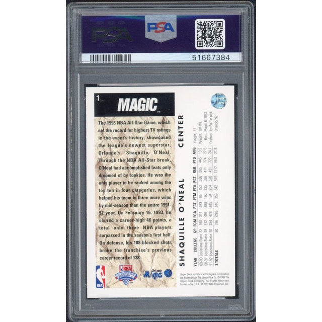 1992 SHAQUILLE O'NEAL Upper Deck RC #1 Trading Card PSA 8