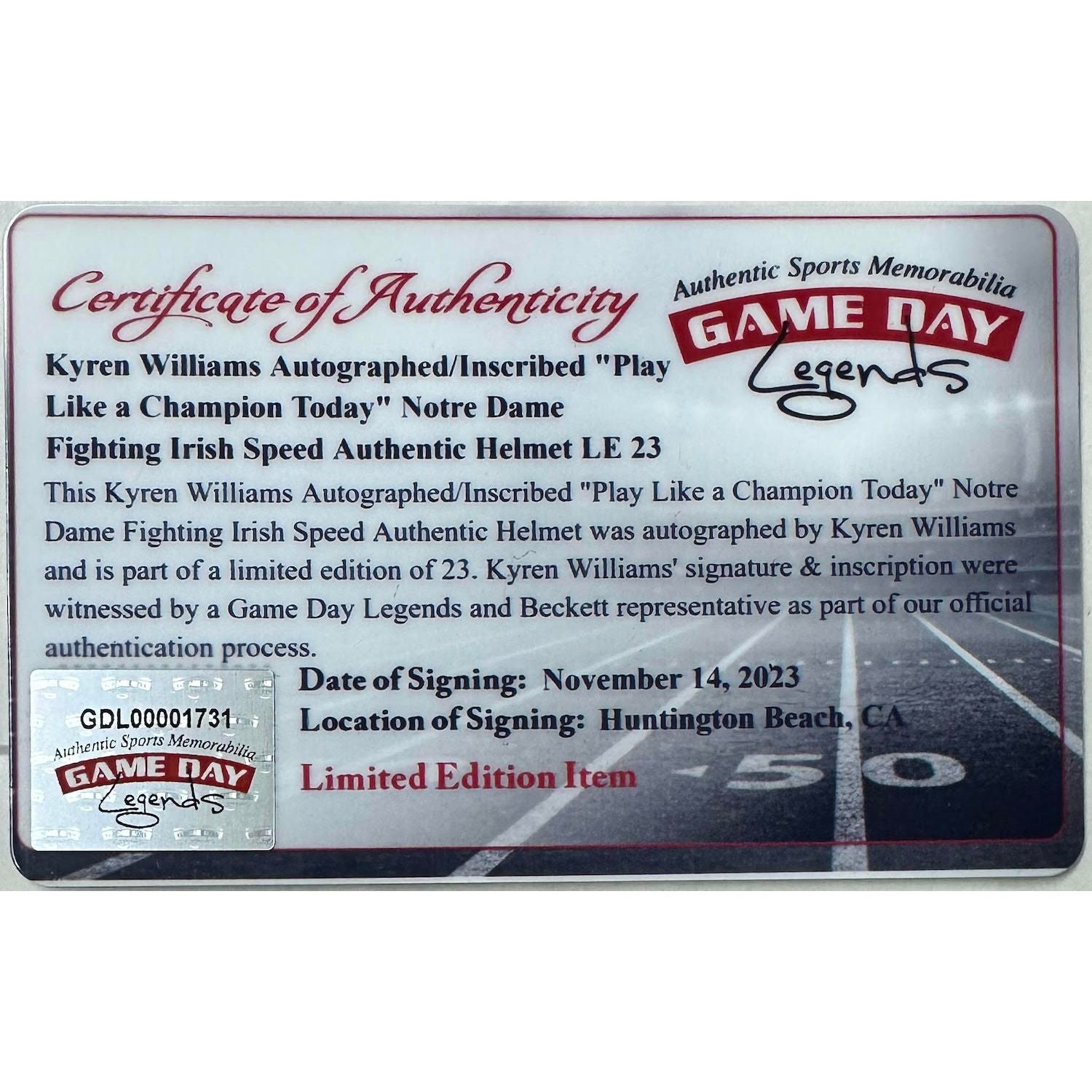 Kyren Williams Autographed "Play Like A Champion" Authentic Helmet Beckett LE 23