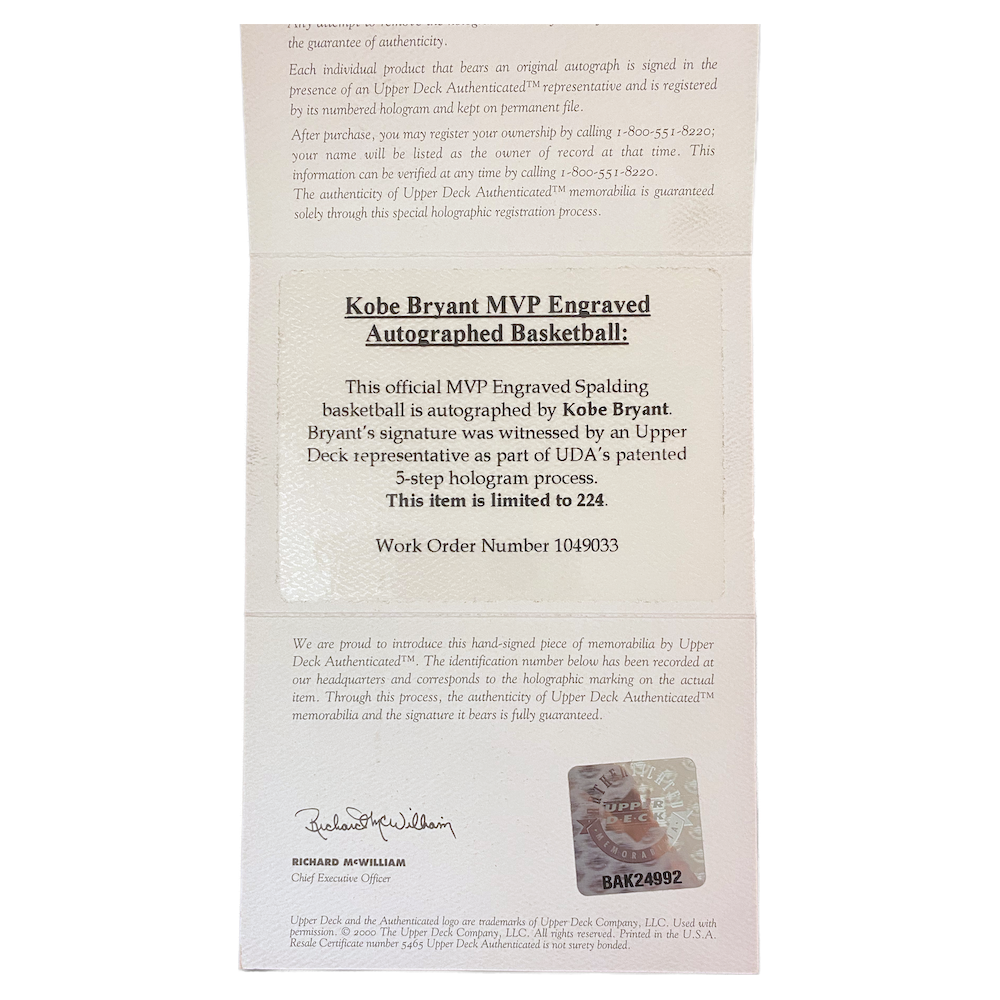 Kobe Bryant Autographed 2008 MVP Logo Lakers Official Game Basketball UDA LE 224