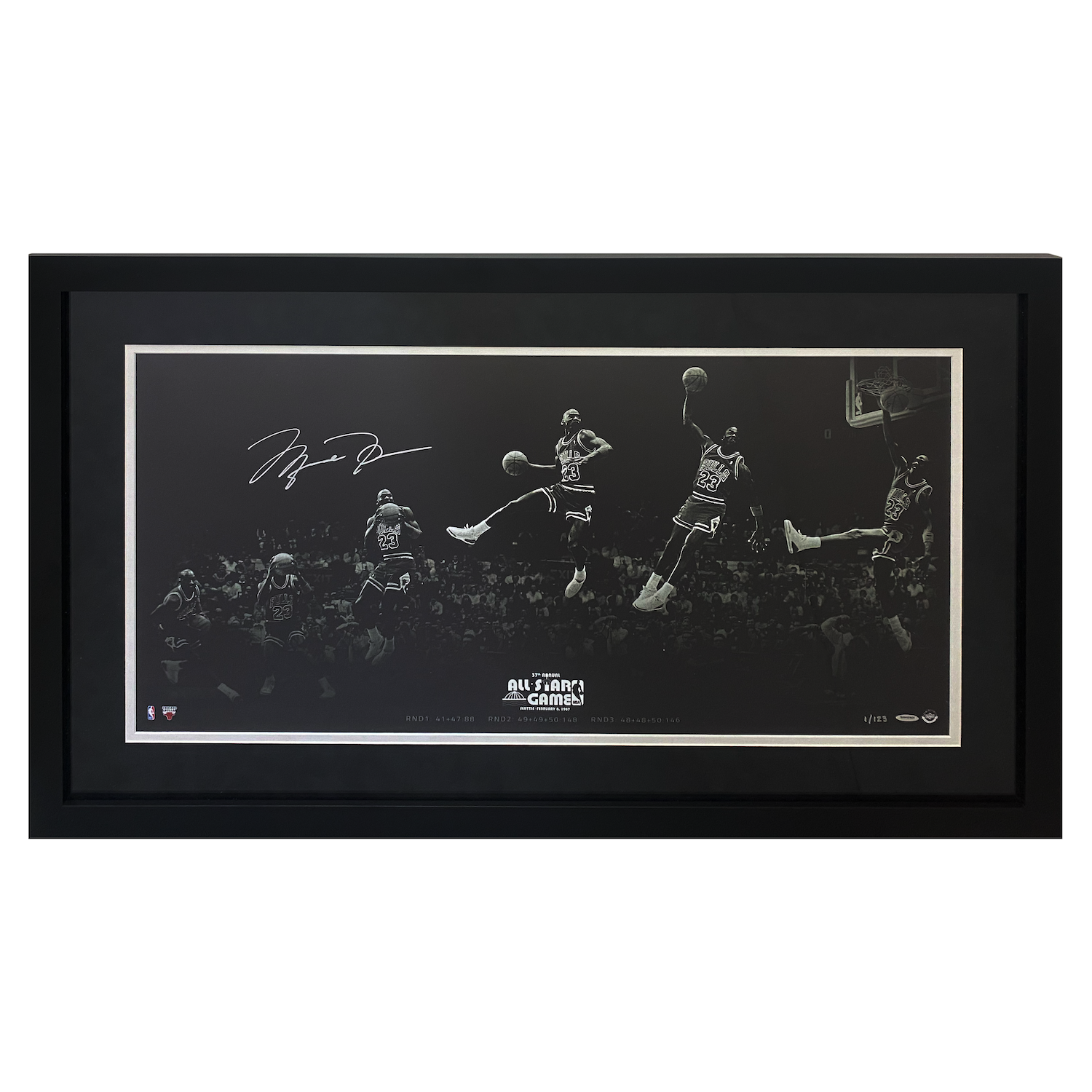 Michael Jordan Autographed "Kiss Rim 180" 36" x 18" Framed Photo UDA LE 1/123