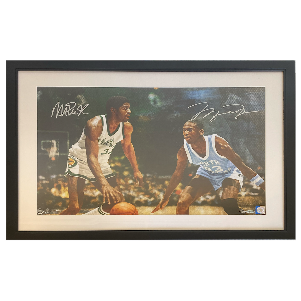 MICHAEL JORDAN / MAGIC JOHNSON Autographed 16" x 24" Framed Photo UDA LE 33/100