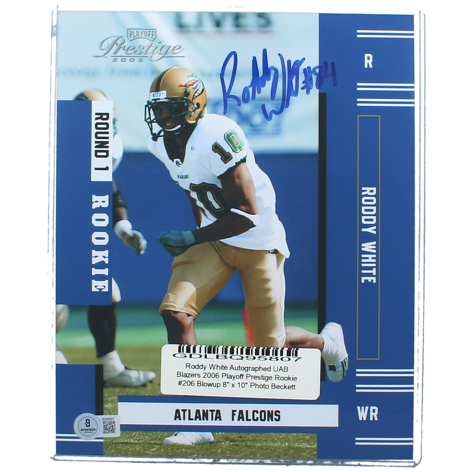 Roddy White Autographed UAB Blazers 2006 Playoff Prestige Rookie #206 Blowup 8" x 10" Photo Beckett