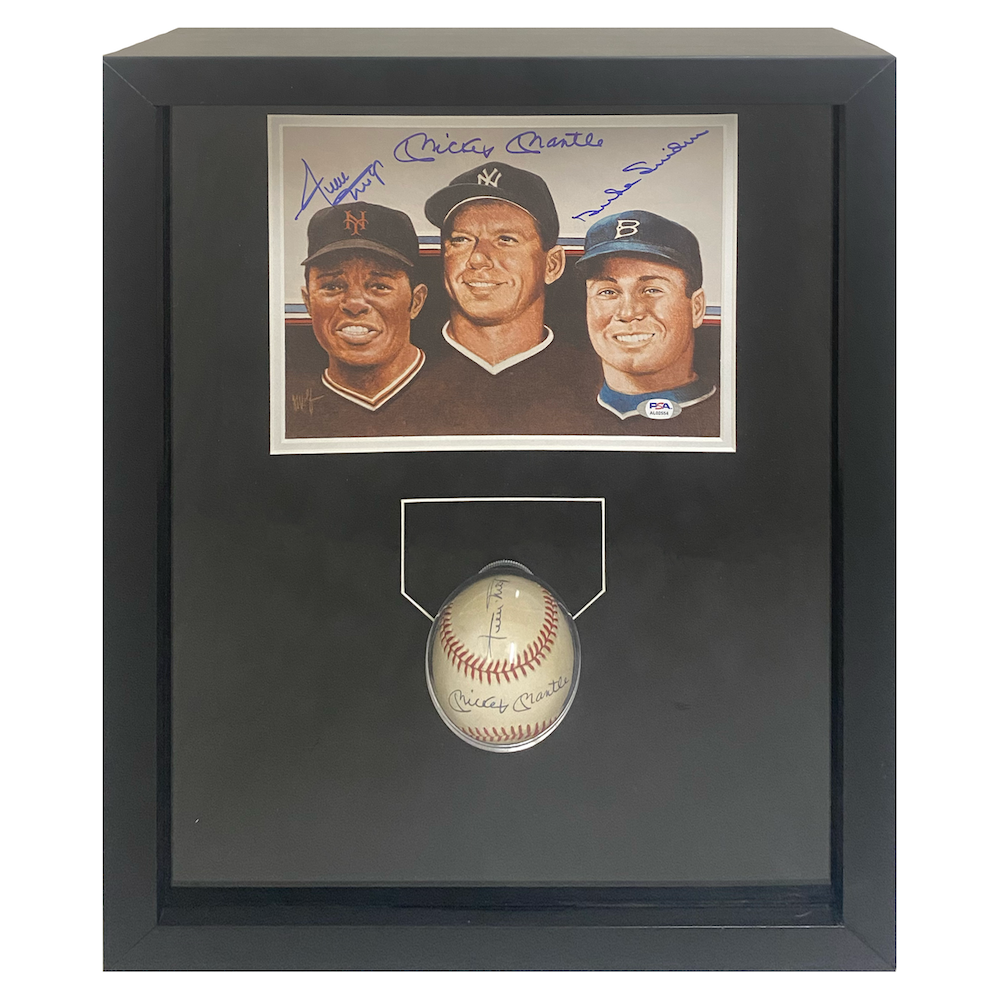 Mickey Mantle, Willie Mays & Duke Snyder Auto Baseball / Photo Display PSA/DNA