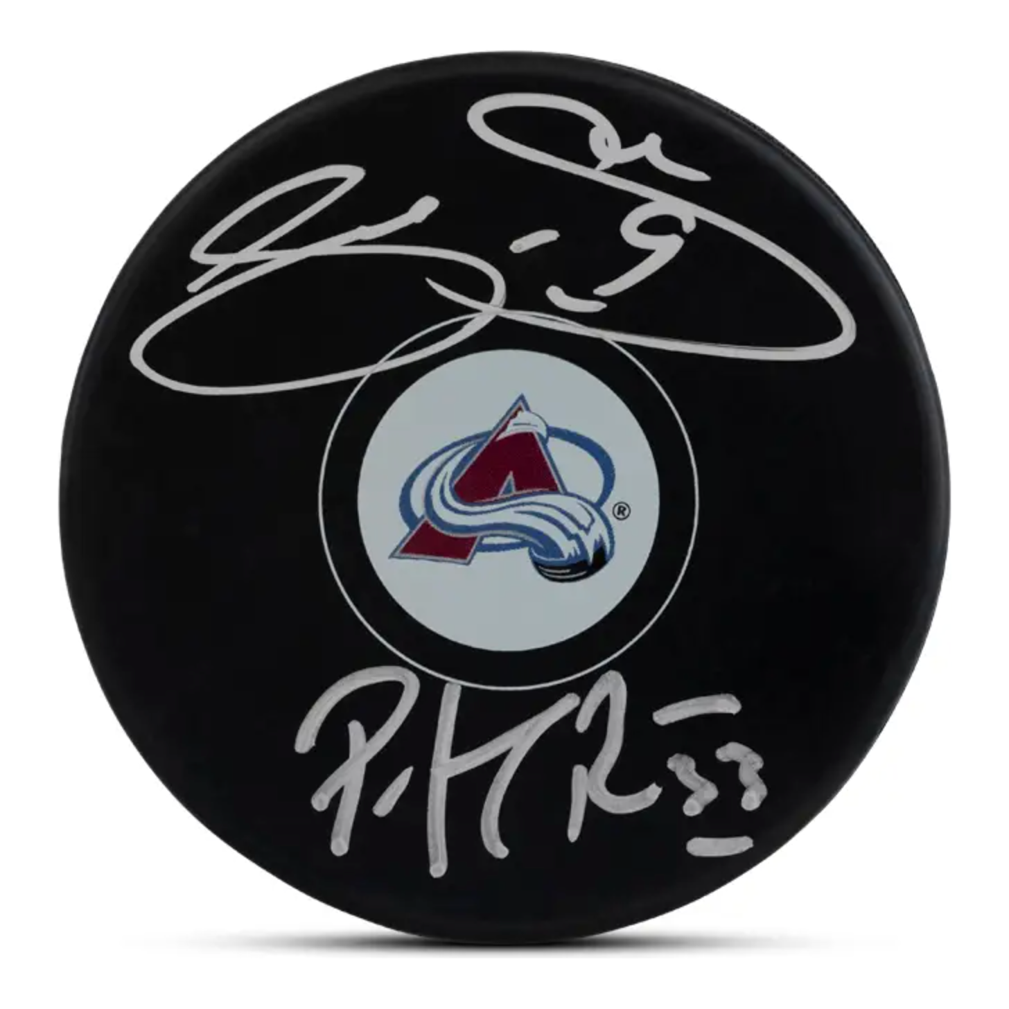 Joe Sakic / Patrick Roy Autographed Avalanche Hockey Puck UDA LE 25