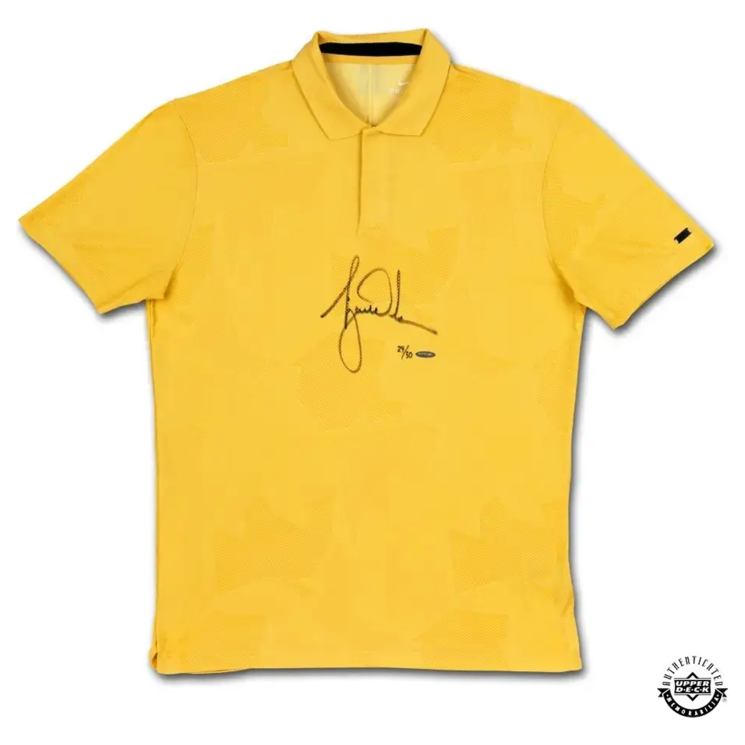 Tiger Woods Autographed 2020 TW Nike Dri-Fit Gold Camo Polo Shirt UDA LE 50