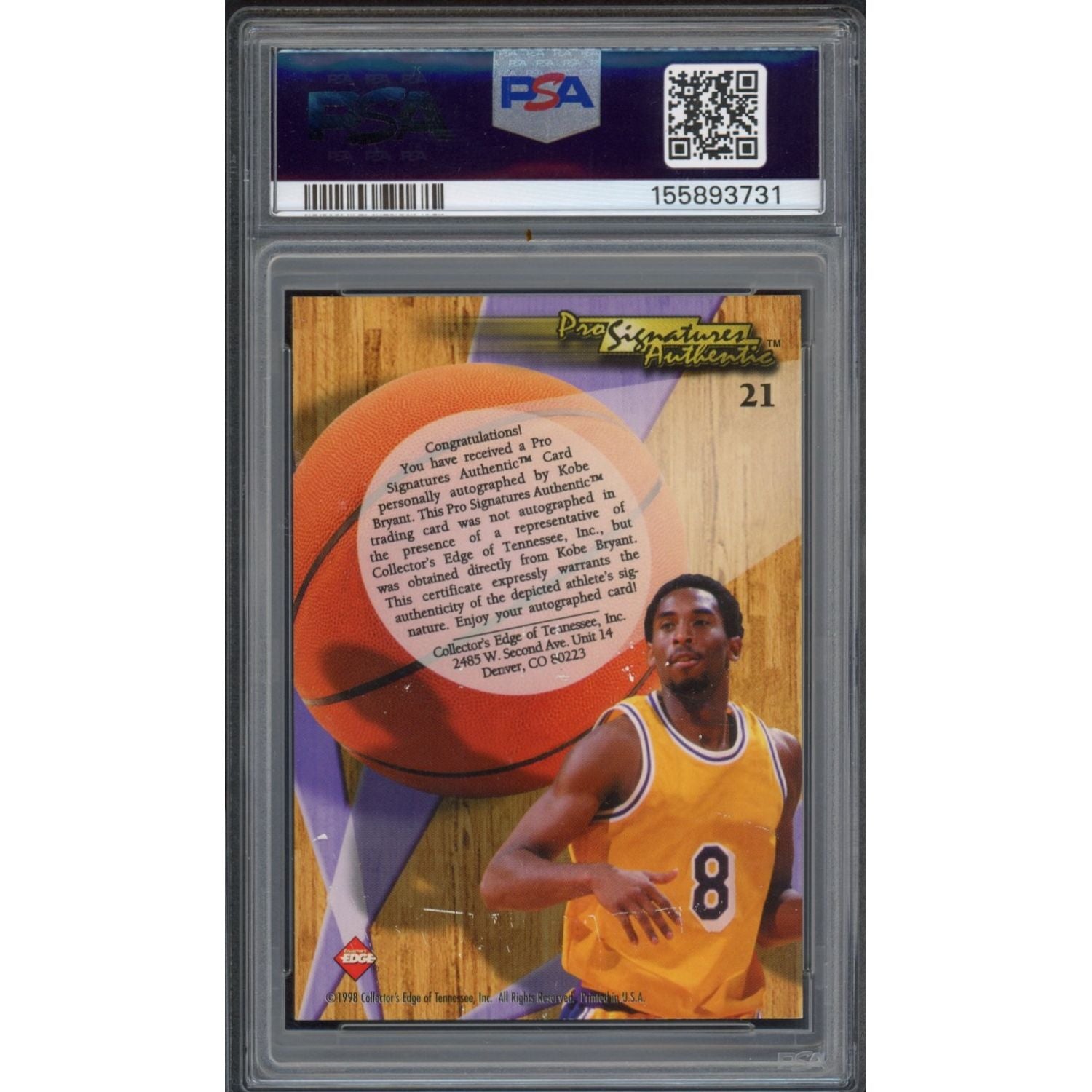 Kobe Bryant 1998 Collector's Edge Impulse Pro Signatures Card #21 PSA Auto 10