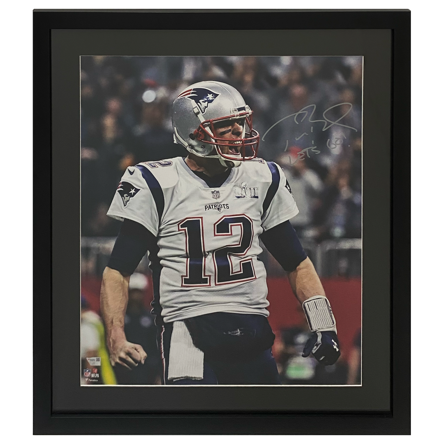 Tom Brady Autographed "Let's Go!" Patriots 26" x 30" Framed 20" x 24" Photo Fanatics