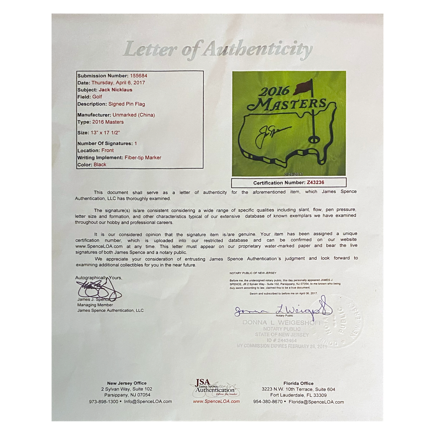 Jack Nicklaus Autographed 2016 Masters Flag Custom 37" x 28" Framed Display w/ Photos JSA