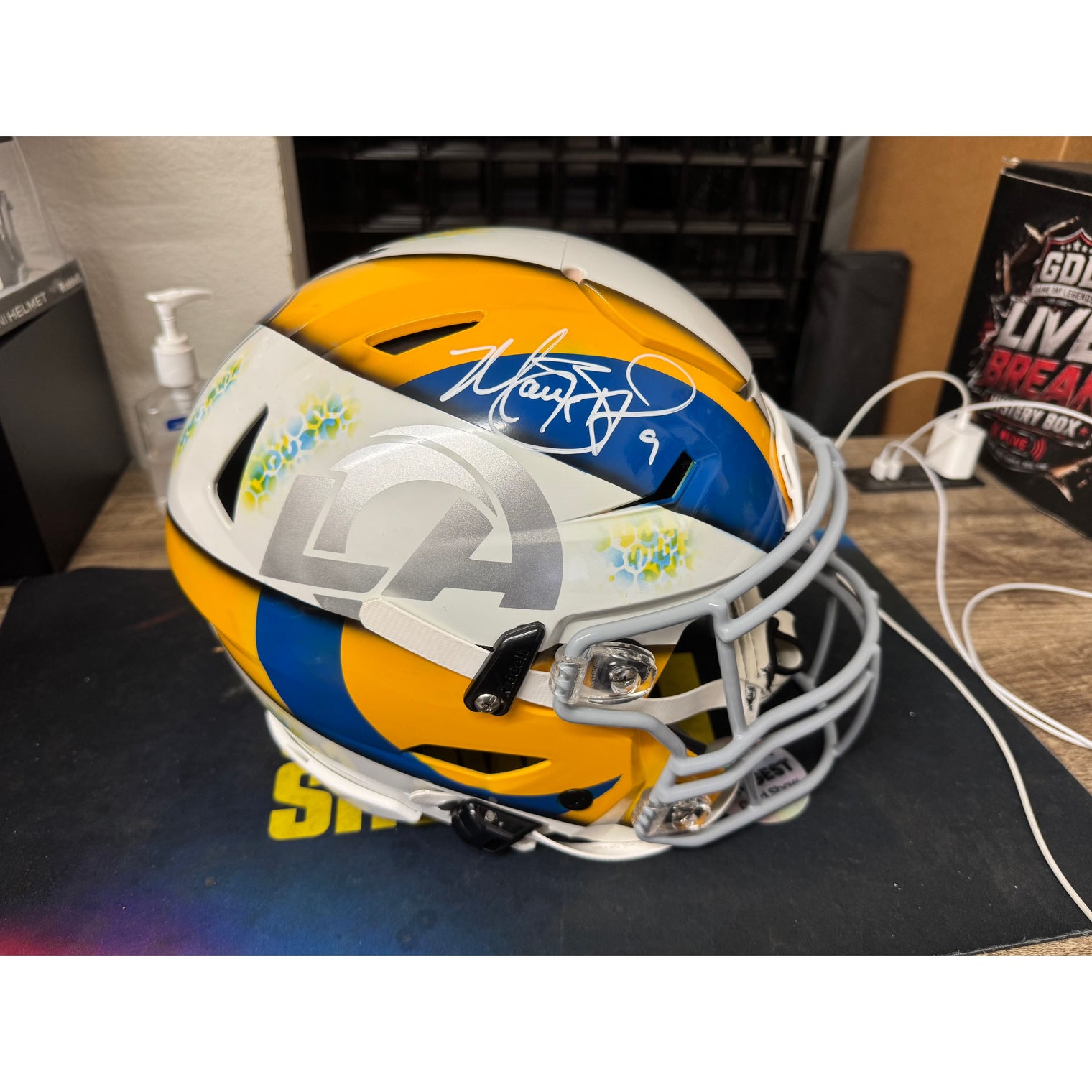Matthew Stafford Autographed Los Angeles Rams Custom Painted Ice/Blue "Ripped" Speedflex Authentic Helmet Beckett Witnessed