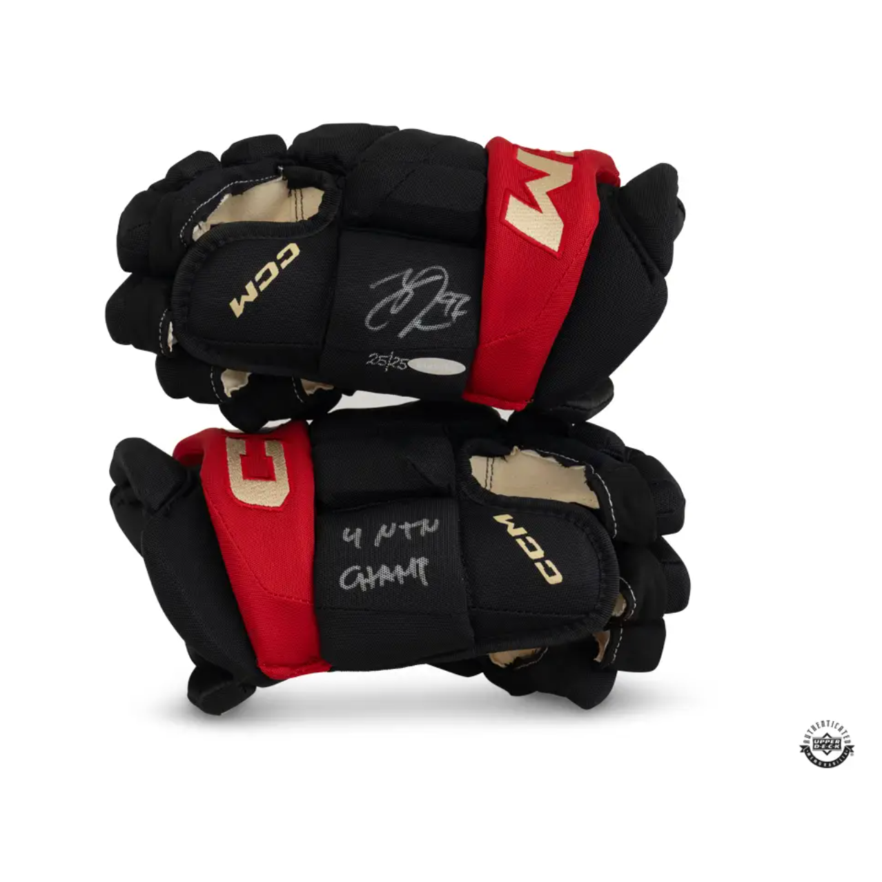 Connor McDavid Autographed & Inscribed “4 NTN CHAMP” CCM Black Tacks X Authentic Gloves UDA