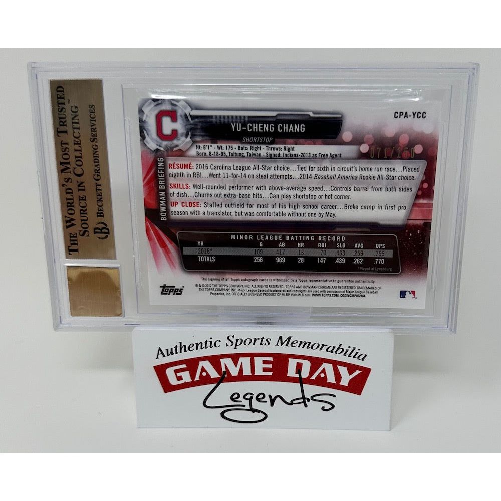 Yu-Cheng Chang Cleveland Indians 2017 1st Bowman Chrome Prospect Autos Blue Refractor BGS 9.5