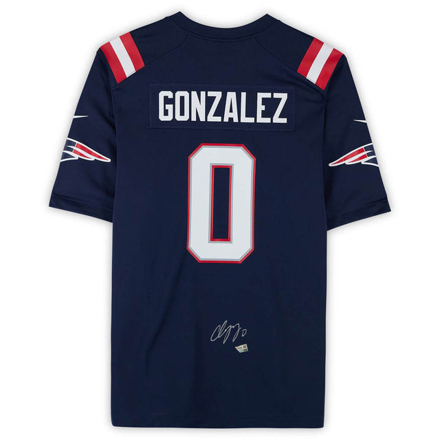 Christian Gonzalez Autographed New England Patriots Navy Nike Game Jersey Fanatics