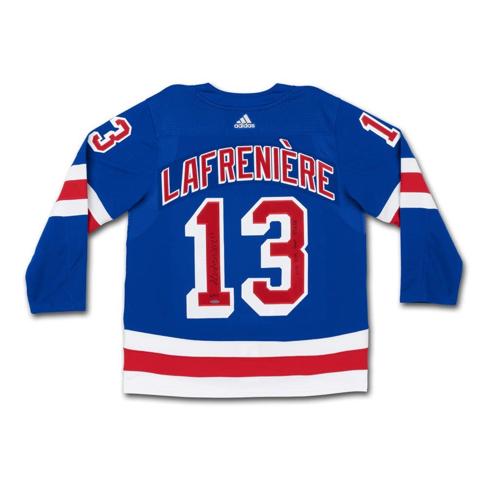 ALEXIS LAFRENIERE Autographed & Inscribed “First NHL Goal 1/28/21” Authentic Blue Adidas New York Rangers Jersey UDA