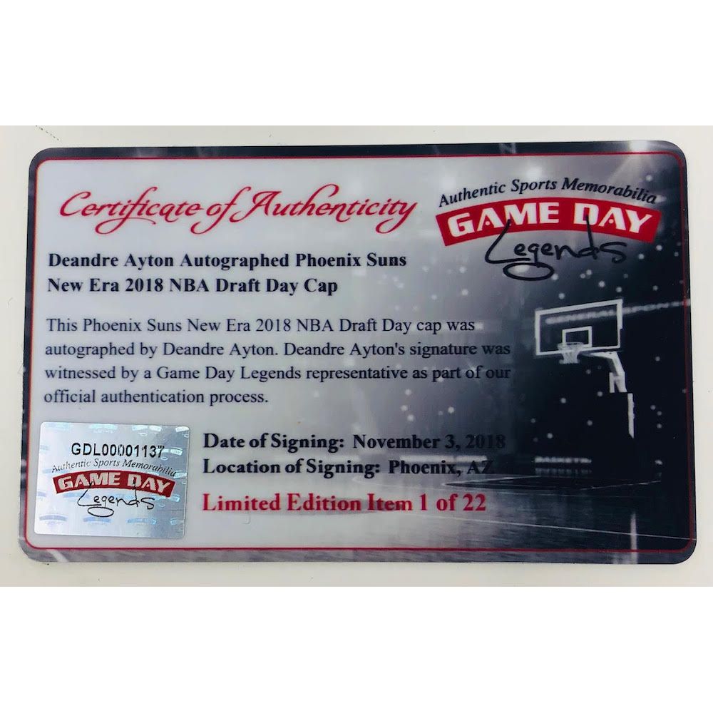 DEANDRE AYTON Autographed Phoenix Suns New Era 2018 Draft Day Cap GDL LE 1/22