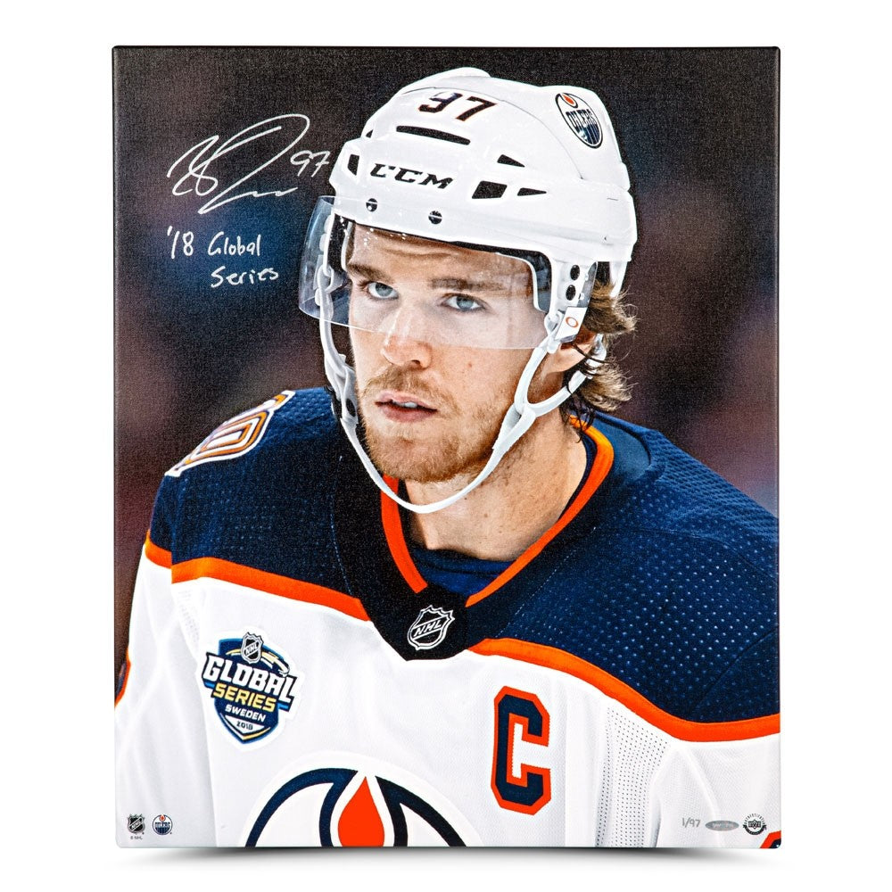 CONNOR McDAVID Edmonton Oilers Autographed "18 Global Series" 20 x 24 Canvas UDA LE 97