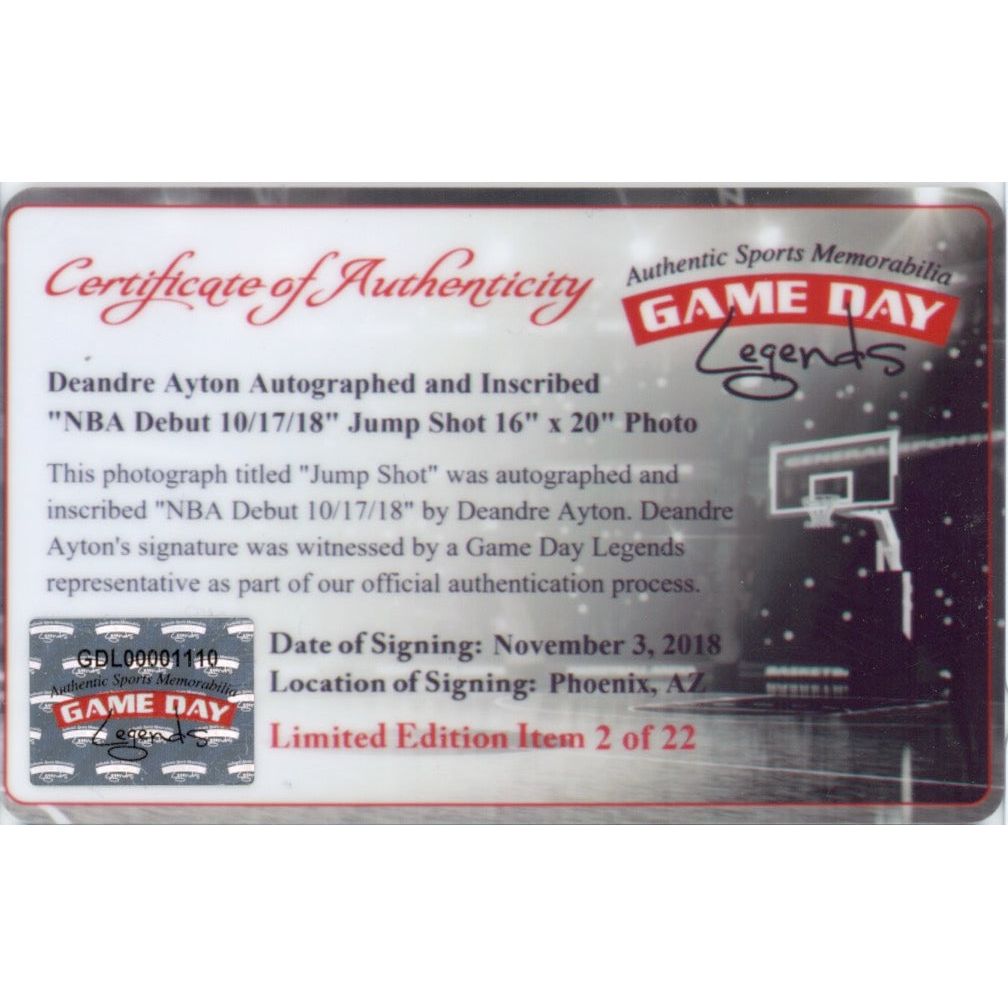 DEANDRE AYTON Autographed and Inscribed Phoenix Suns “NBA Debut 10/17/18” Jump Shot 16" x 20" Photograph - Limited Edition of 22 - GAME DAY LEGENDS & STEINER