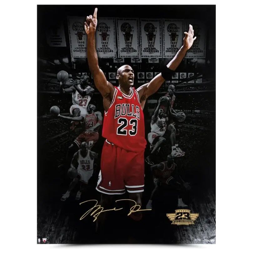 Michael Jordan Autographed “6 Banners 25th Anniversary 1998 Championship Logo” 30 x 40 Photo LE 98 Upper Deck