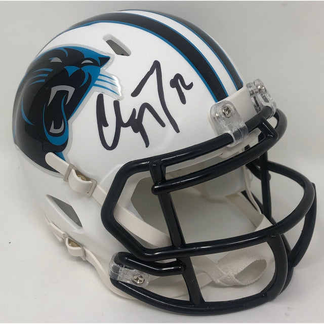 CHRISTIAN McCAFFREY Autographed White Matte Carolina Panthers Mini Helmet FANATICS