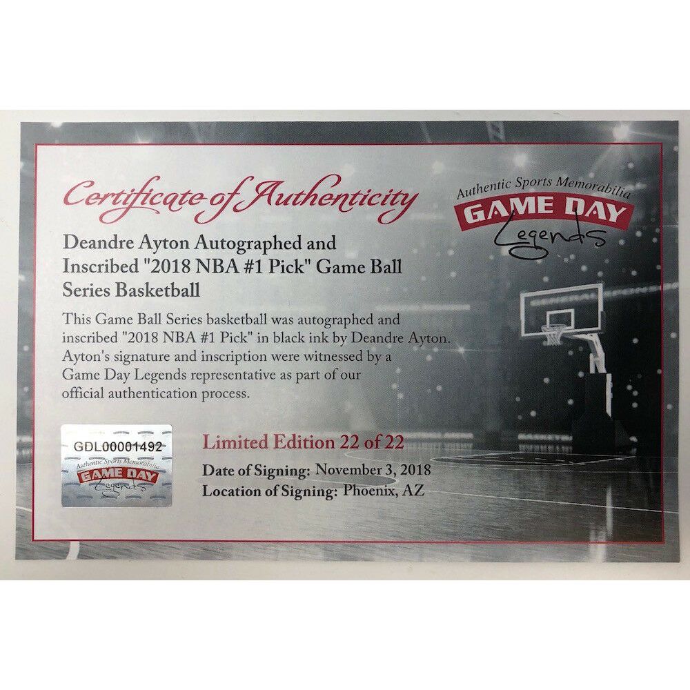 DEANDRE AYTON Phoenix Suns Autographed 2018 NBA #1 Pick Basketball GDL LE 22/22