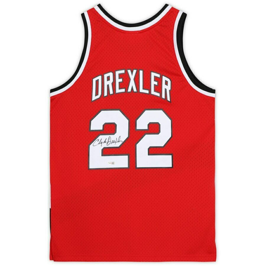 CLYDE DREXLER Autographed Portland Trail Blazers Red M&N Jersey FANATICS