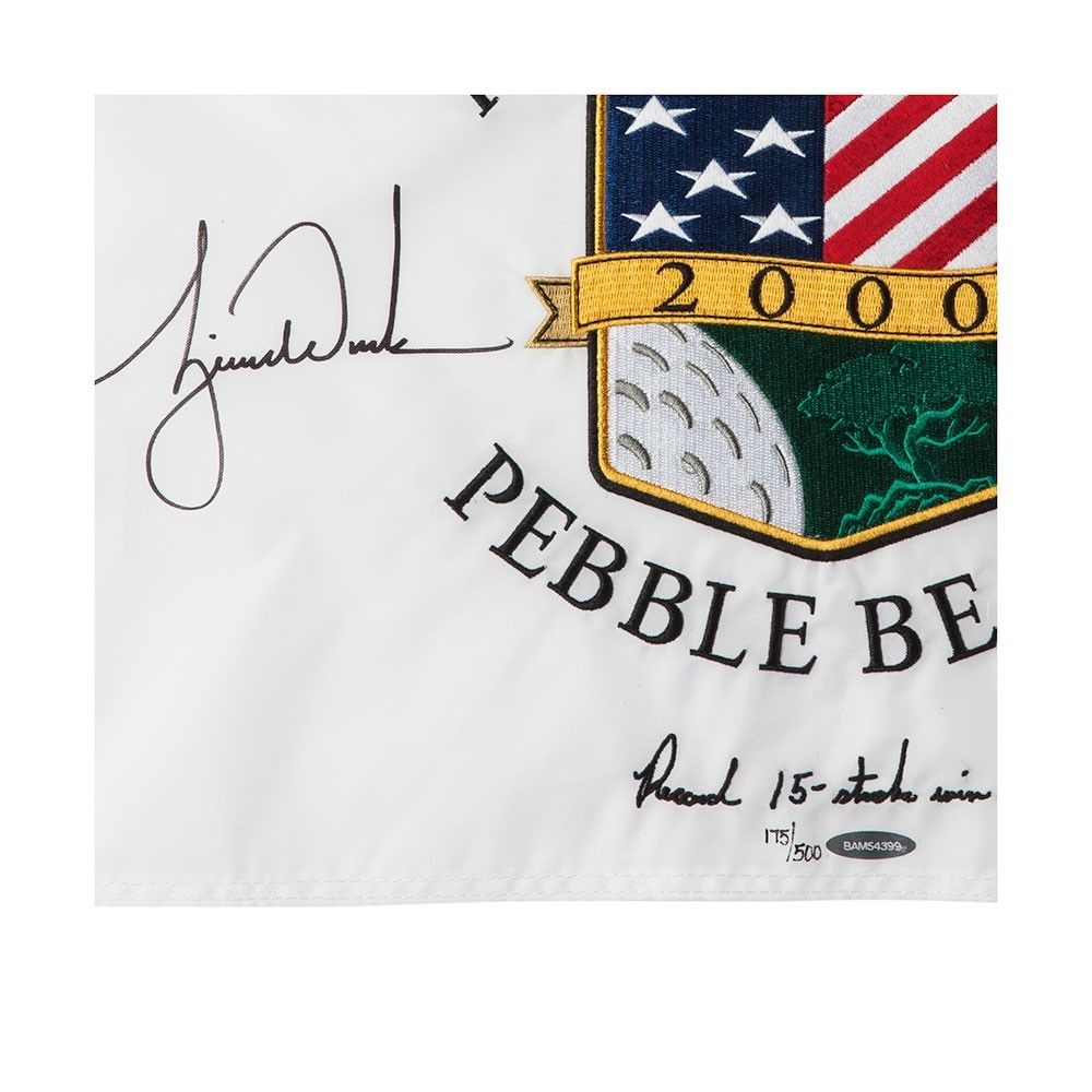 TIGER WOODS Autographed 2000 US Open Inscribed "15 Stroke Win" Flag UDA LE 500