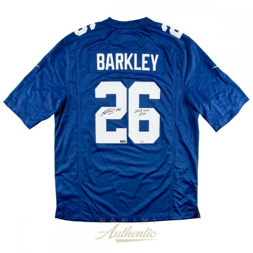 SAQUON BARKLEY Autographed New York Giants "2018 NFL ROY" Blue Nike Jersey PANINI LE 126