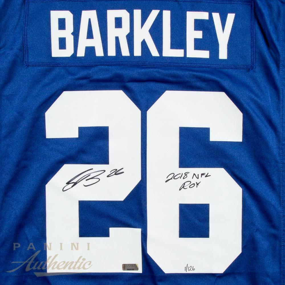 SAQUON BARKLEY Autographed New York Giants "2018 NFL ROY" Blue Nike Jersey PANINI LE 126