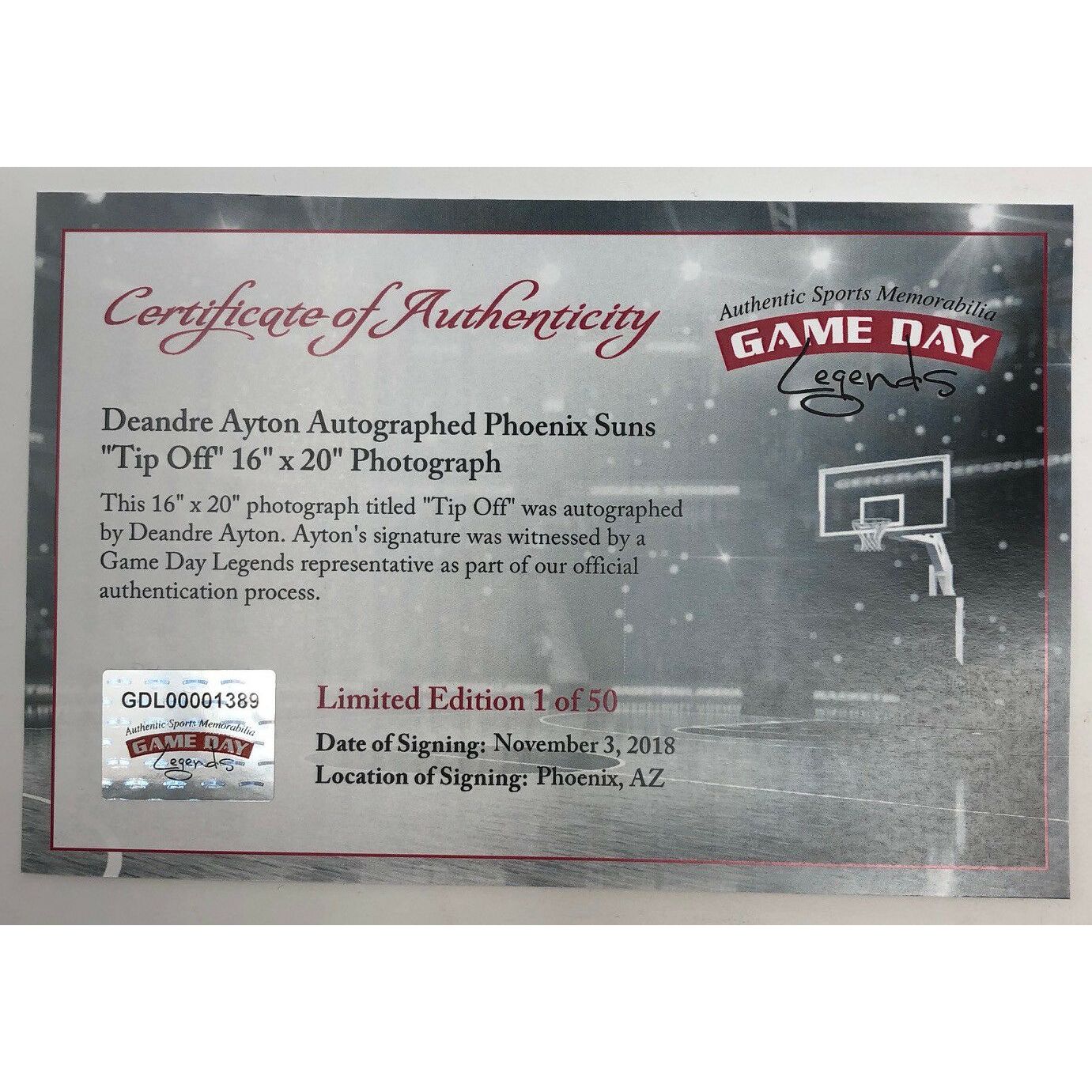 DEANDRE AYTON Autographed Phoenix Suns 16"x20" "Tip Off" Photograph GDL LE 1/50