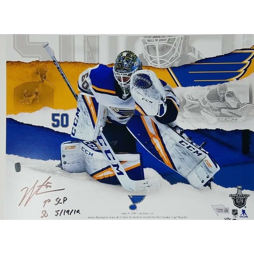 JORDAN BINNINGTON St. Louis Blues Autographed and Inscribed "1st SCP SO 5/19/19" 11x14 Photo FANATICS LE 50