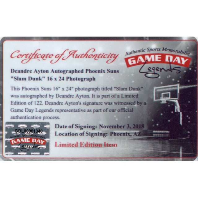 DEANDRE AYTON Autographed Phoenix Suns "Slam Dunk" 16" x 24" Photograph - Limited Edition of 122 - Game Day Legends & Steiner