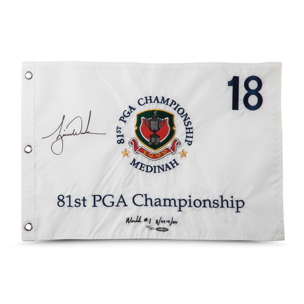 TIGER WOODS Autographed & Embroidered “World #1 8/99-9/04” 1999 PGA Championship Pin Flag UDA LE 500