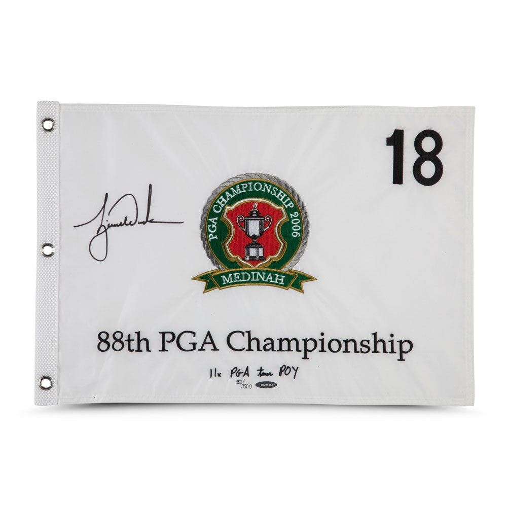TIGER WOODS Autographed & Inscribed 11x PGA tour POY" and Embroidered 2006 PGA Championship Pin Flag UDA LE 500