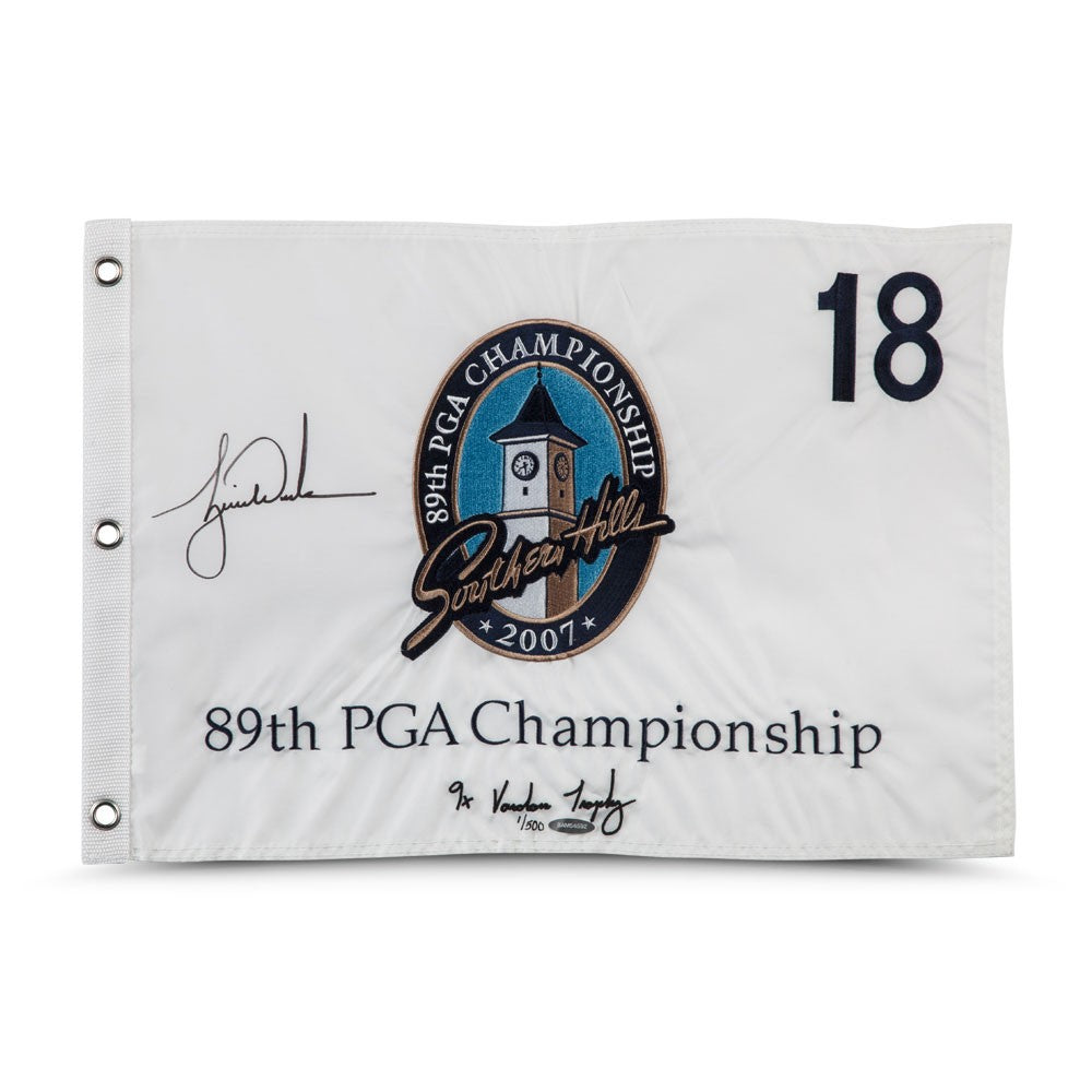 TIGER WOODS Autographed & Embroidered “9x Vardon Trophy” 2007 PGA Championship Pin Flag UDA LE 500